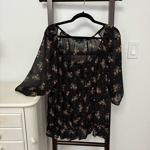 Guess Black Floral Sheer Blouse. XL almost new! Tie at neck. Pretty details